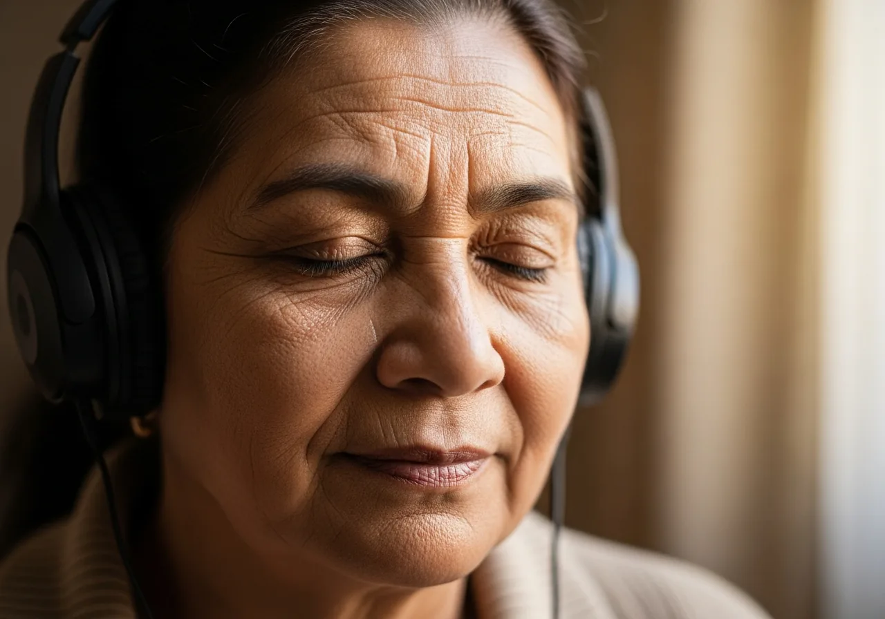 Lucía listening to Scripture in Spanish through her headphones
